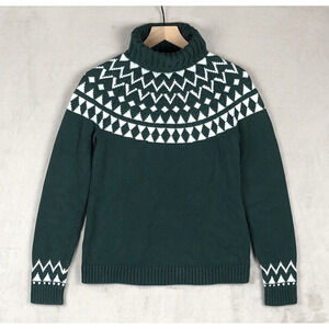 DULUTH TRADING COMPANY Sweater Womens XS Green White Fair Isle Turtleneck Cotton